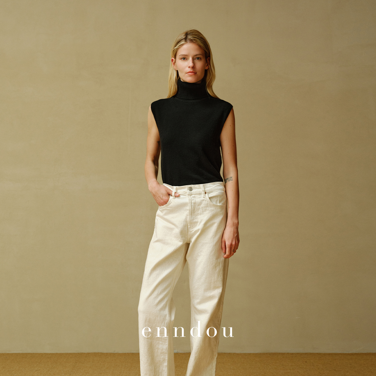 Enndou100%山羊绒高领简约通勤背心无袖针织时尚秋冬