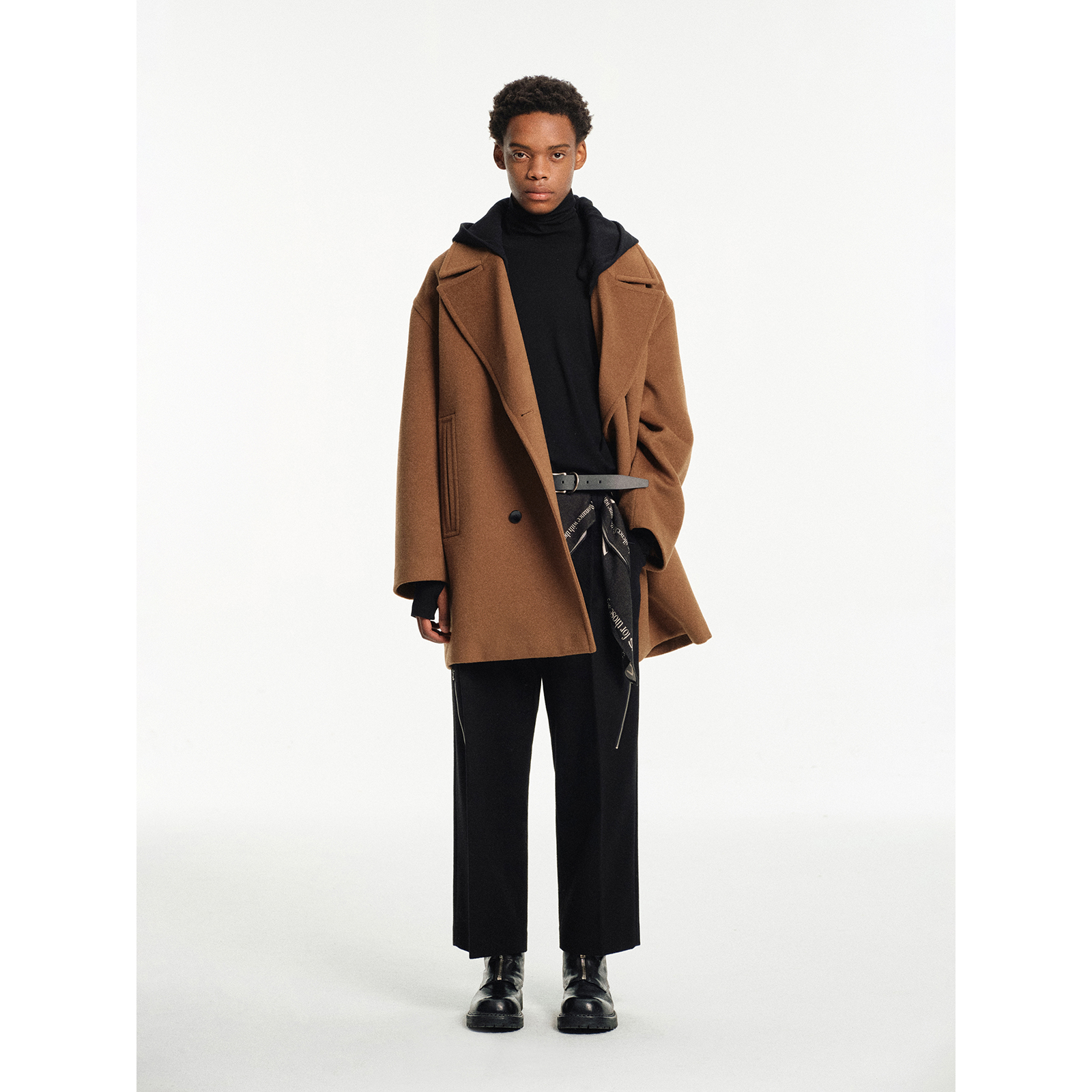 NANS STUDIO重磅全羊毛经典翻领双排扣可拆卸帽中长款单面呢大衣