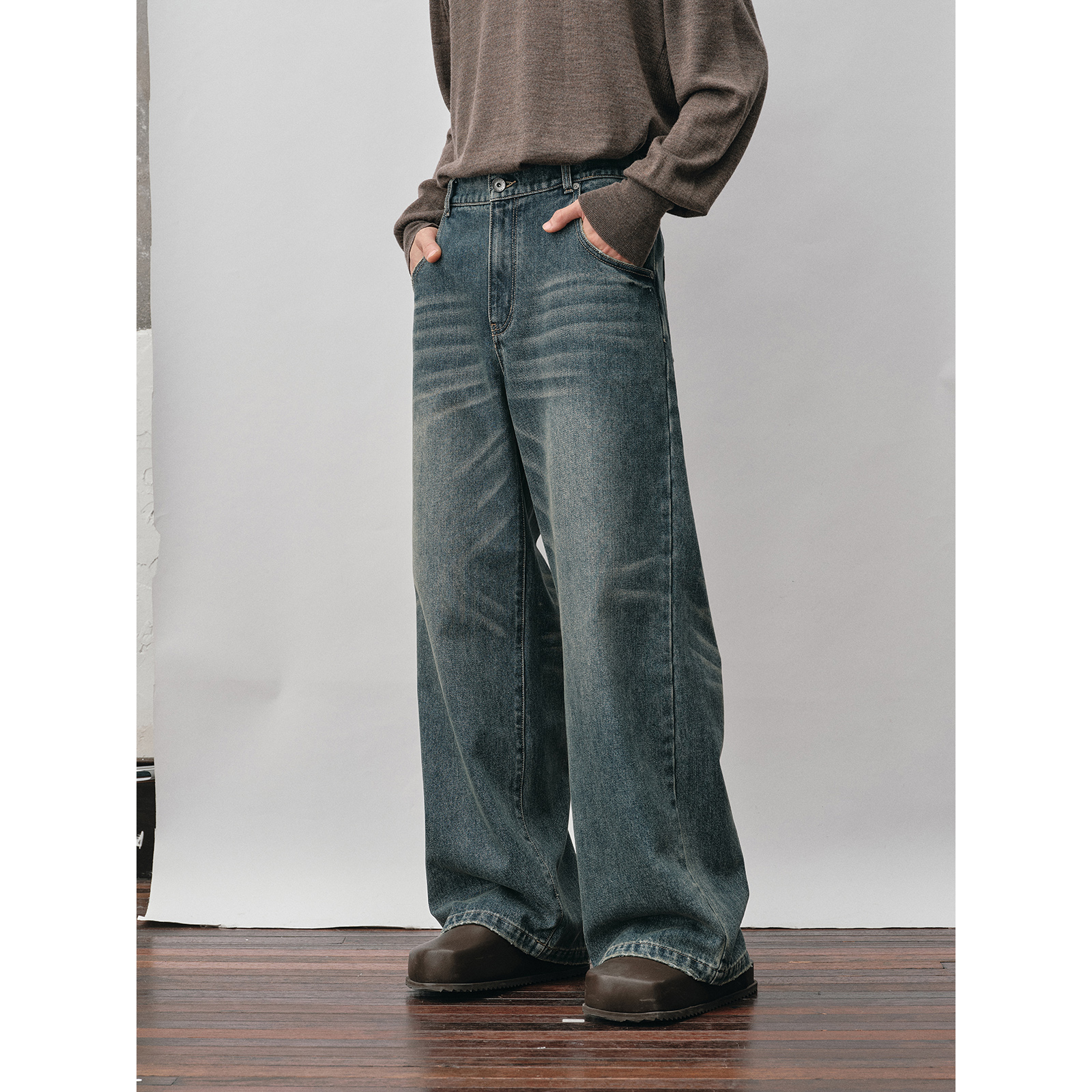 【NANS】13OZ做旧水洗复古感复古穿搭猫须设计手擦马骝直筒牛仔长裤
