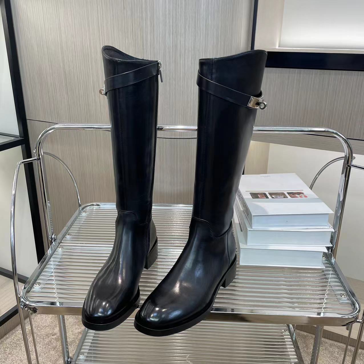 2025欧货时尚百搭圆头低跟侧拉链显瘦高筒骑士长靴女9643