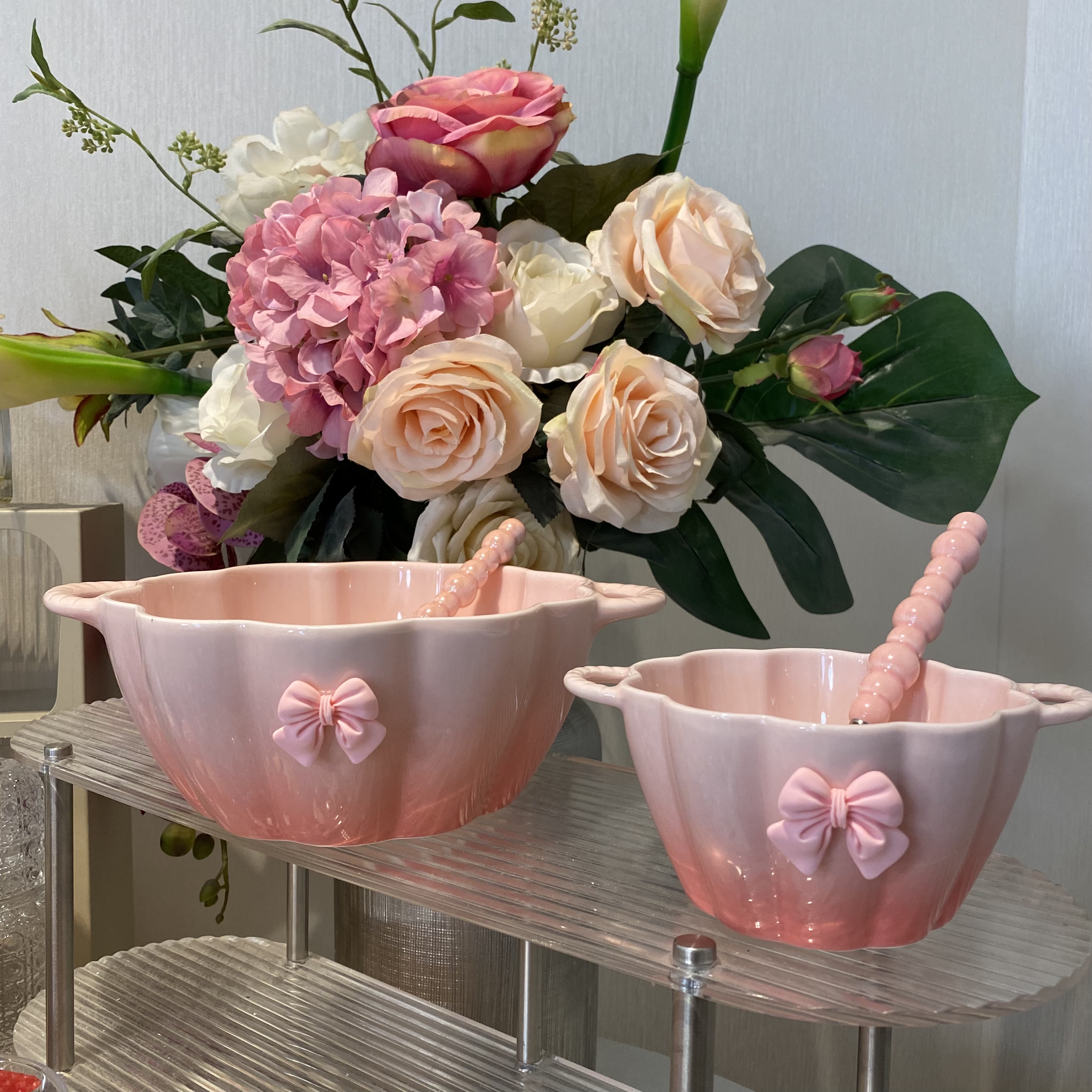 网红轻奢陶瓷餐具家用渐变粉色饭碗汤碗简约创意大容量双耳沙拉碗