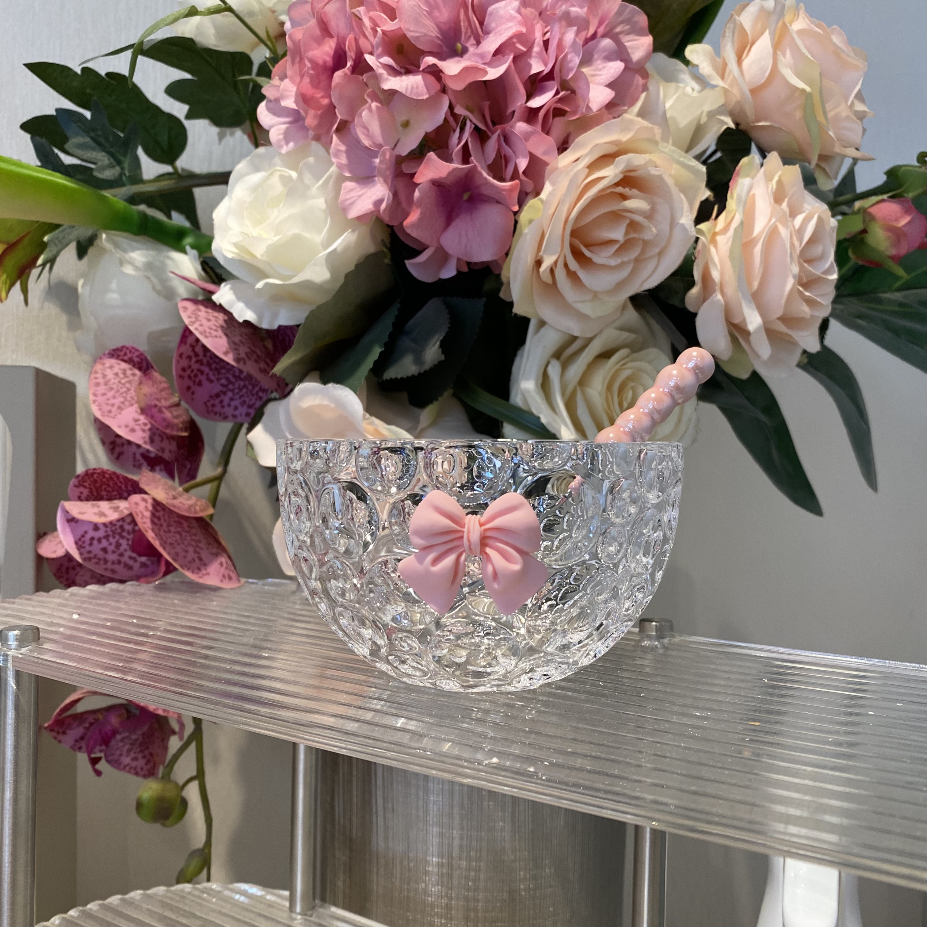 网红家用玻璃泡泡碗时尚轻奢沙拉碗蝴蝶结少女心甜品盆栽冰淇淋碗