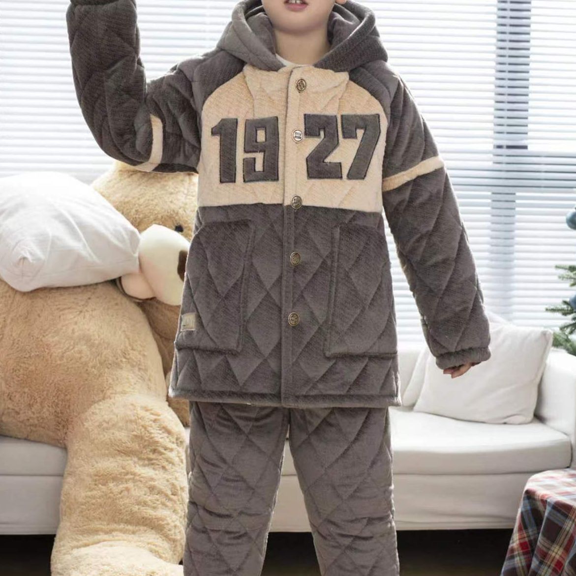 花嫂睡衣冬季连帽新款男大童1927款三层加棉加厚家居服套装861