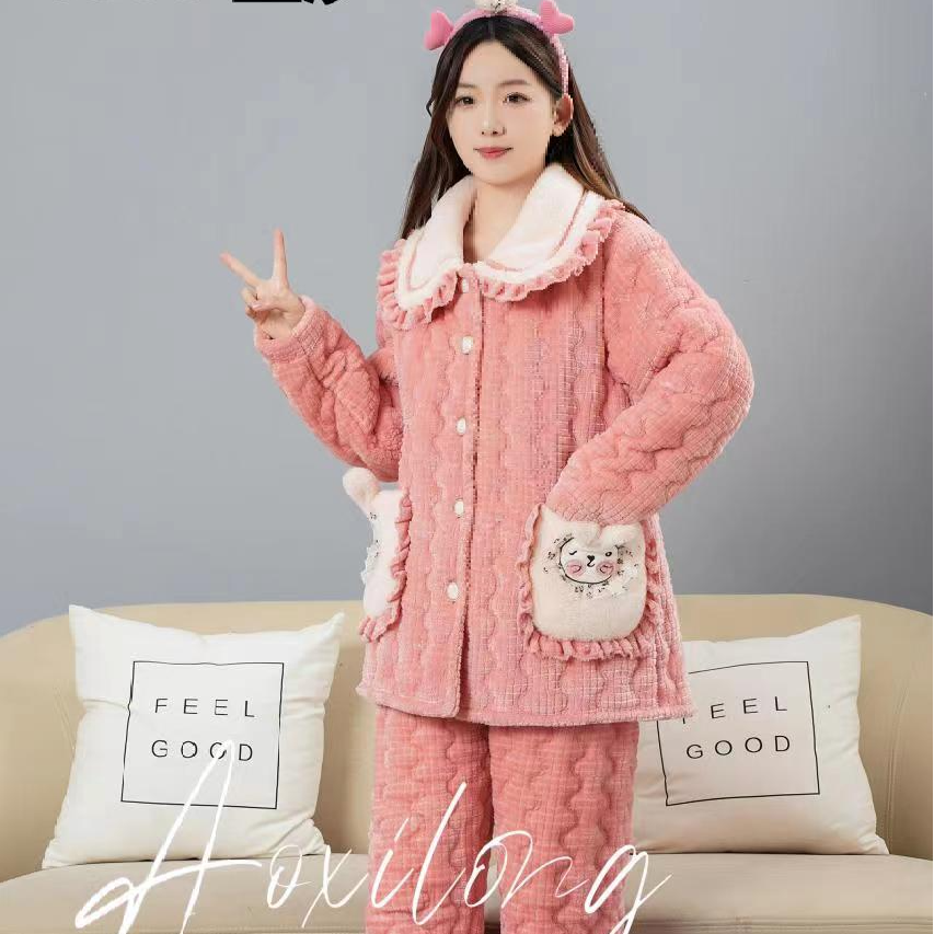  1仓  6388  女士加厚口袋花边小兔家居服套装