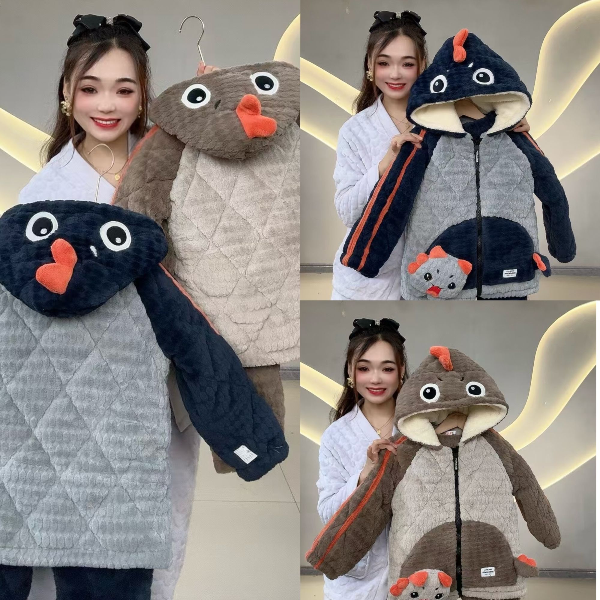 1366  花嫂睡衣男中童手兜立体小恐龙三层加厚家居服套装