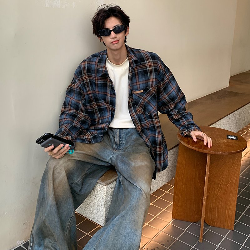 春秋ins风格子韩版长袖衬衫薄款外套宽松痞帅潮流格子休闲衬衣