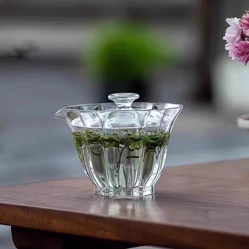 百财玻璃盖碗高硼硅耐热泡茶器带过滤绿茶泡茶碗手抓壶透明二才碗