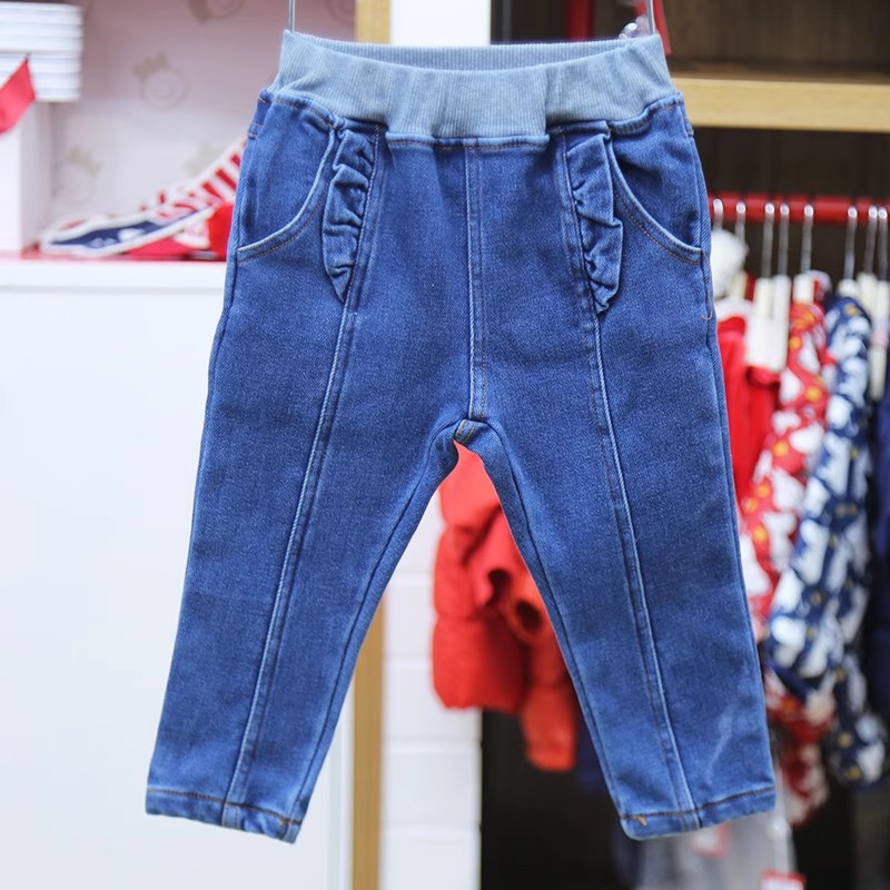 韩国biboluo童装冬款女童松紧腰加绒牛仔裤儿童大弹力柔软长裤