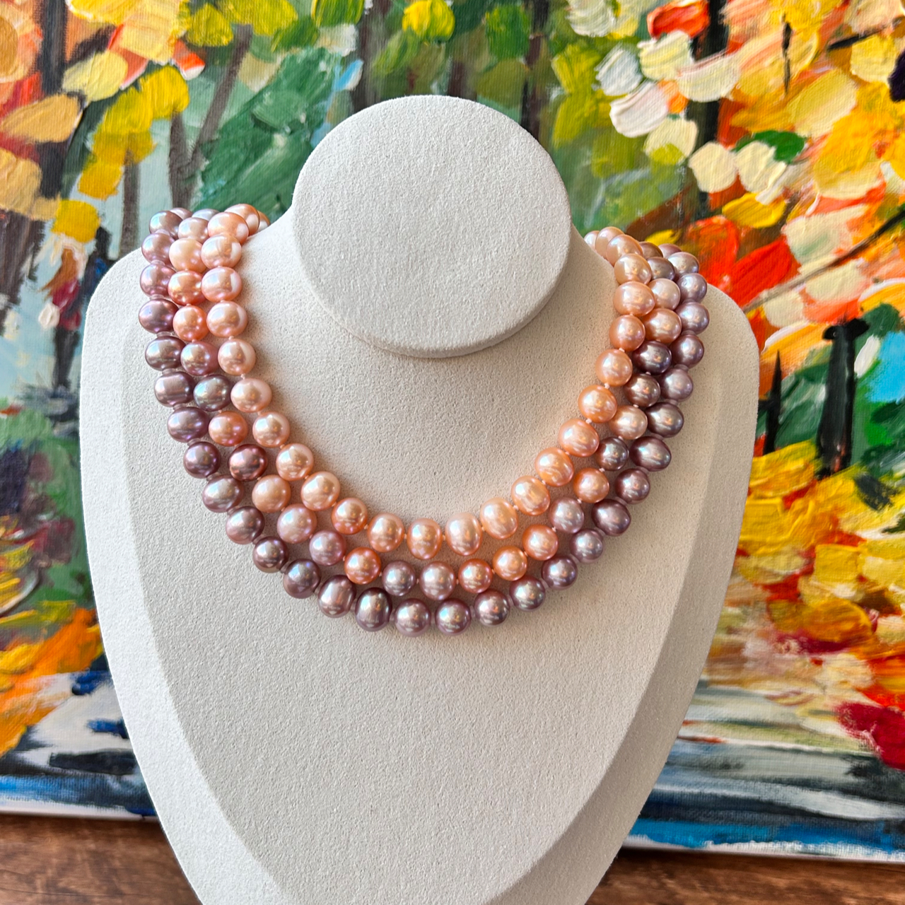 捡漏 | 淡水无核珍珠项链混彩紫色糖果粉色8-9mm极光微微瑕近圆