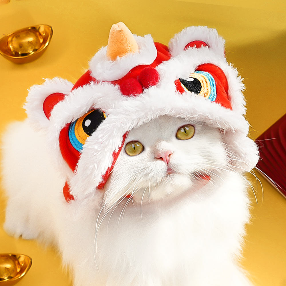  宠物帽子新年舞狮毛边帽子秋冬季保暖防寒狗狗猫咪头饰用品头套