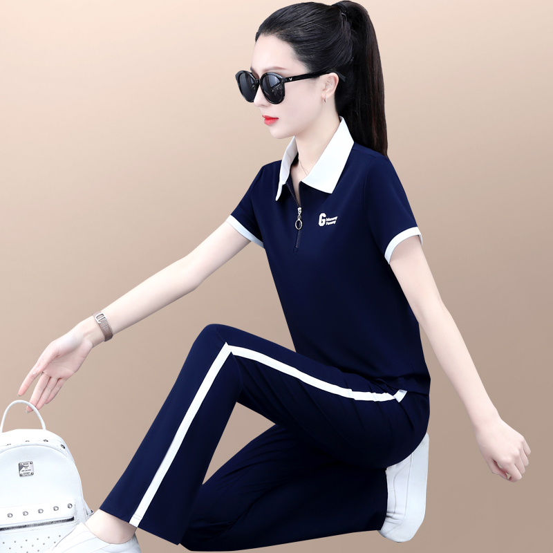 运动套装女夏季2025新款洋气减龄显瘦女士翻领短袖长裤休闲两件套