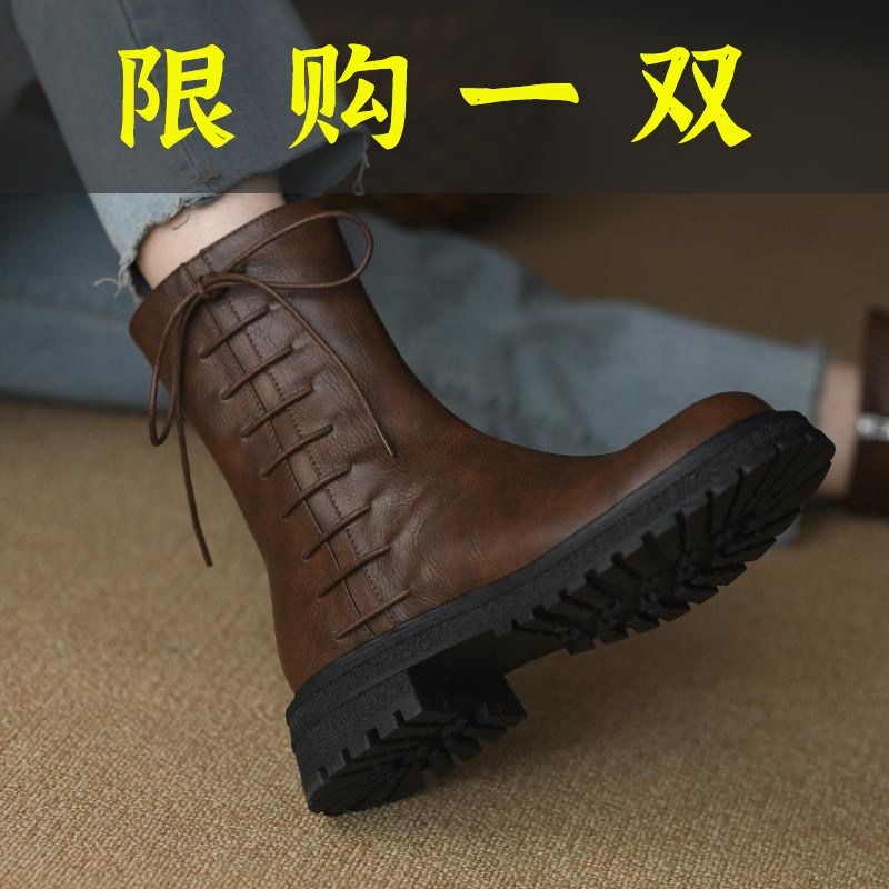 达芙妮沿荐圆头厚底短靴女低跟真皮2023年新款秋冬靴子中跟英伦风