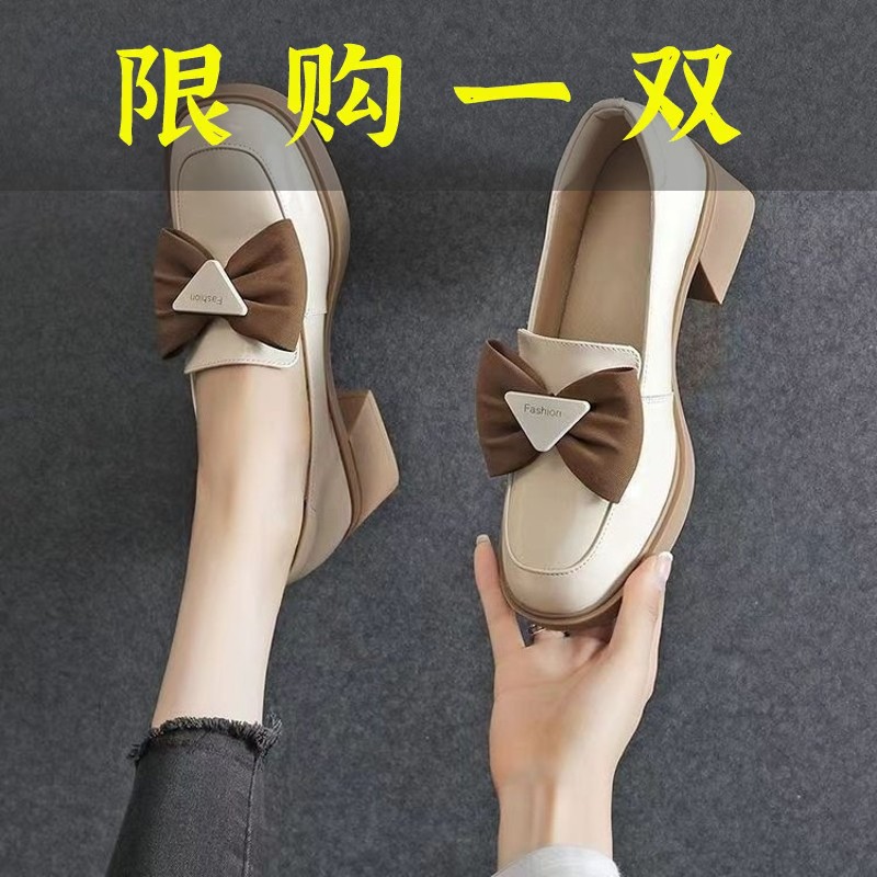 达芙妮沿荐单鞋女粗跟2023年新款春秋百搭软皮蝴蝶结中跟女鞋子方