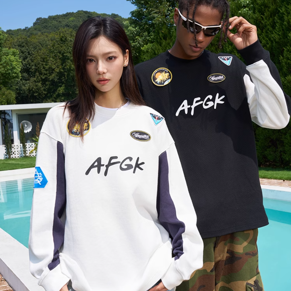 AFGK24FW美式徽章华夫格拼接球衣长袖T恤男女秋冬情侣装运动上衣