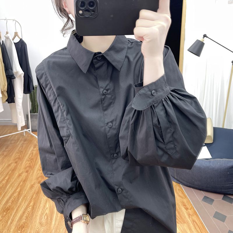 上新灯笼袖长袖衬衫女2023春秋季韩国宽松减龄上衣复古打底衫衬衣