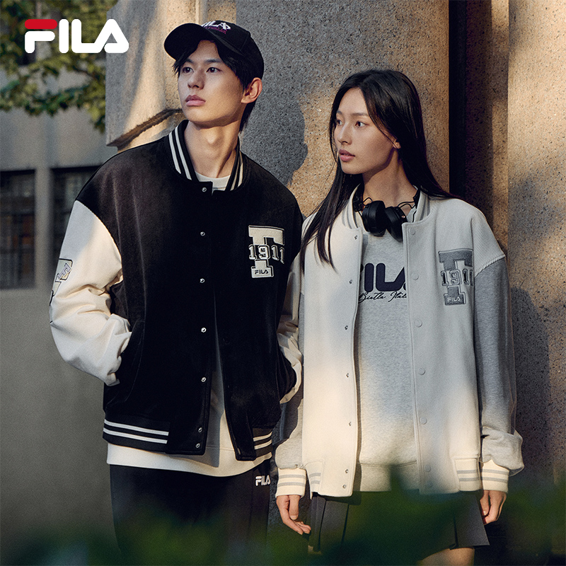 FILA斐乐情侣棒球服可拆臂章2024秋季新款复古灯芯绒拼接外套男女