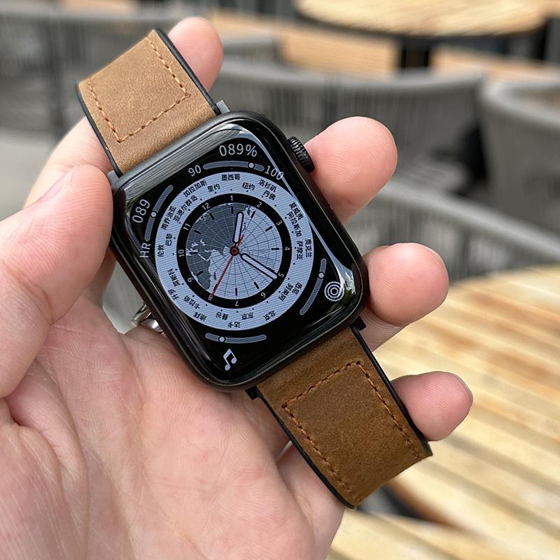 疯马纹真皮表带适用applewatch手表iwatch s9876矽胶磁吸扣ultra