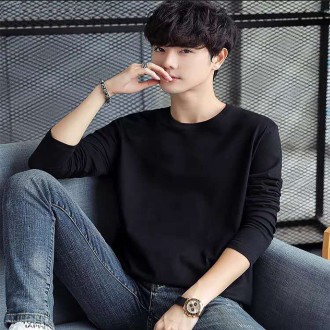 纯棉白色男士长袖T恤圆领打底衫t恤学生百搭内衣纯色韩版潮流秋衣