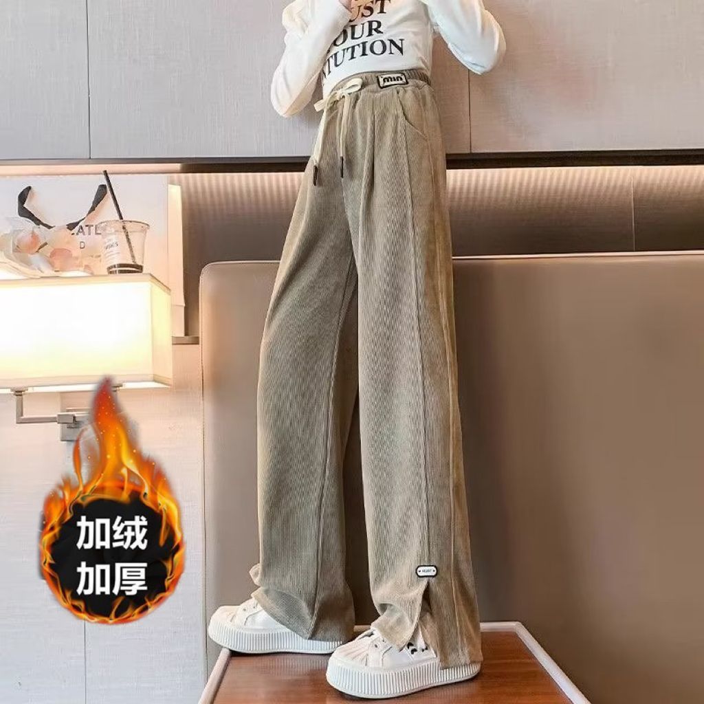 女童长裤子秋冬款一体绒儿童直筒裤休闲裤女大童加绒阔腿裤秋冬装