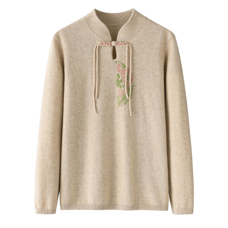 纯山羊绒中国风唐装女立领长袖宽松保暖针织衫毛衣外套