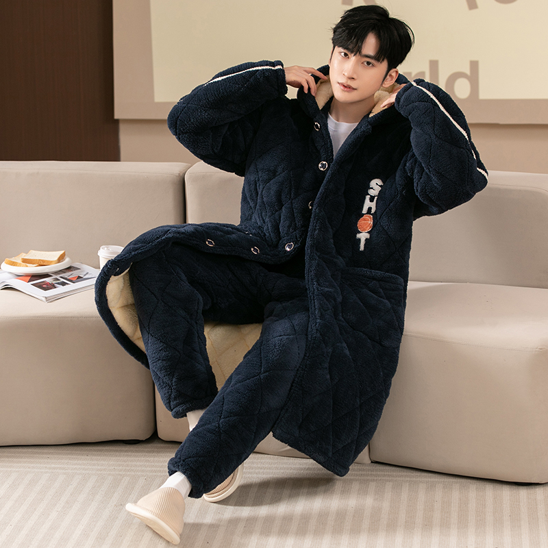 睡袍男冬季加绒加厚男士睡衣秋冬款珊瑚绒三层夹棉长袍青少年套装