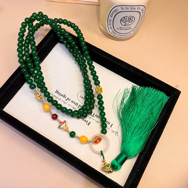 铜合金项链 A452新中式粉色-绿色旗袍古风古装斜挎链项链