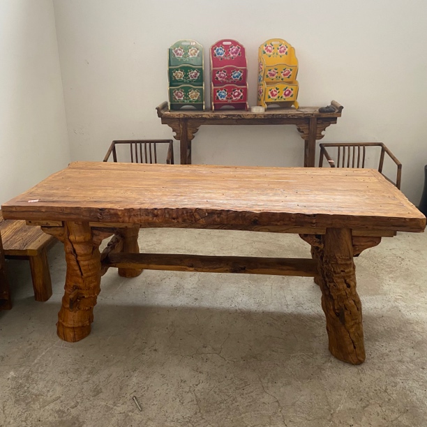 风化老榆木茶桌茶台枣木桌腿围边餐桌书桌会议桌接待桌