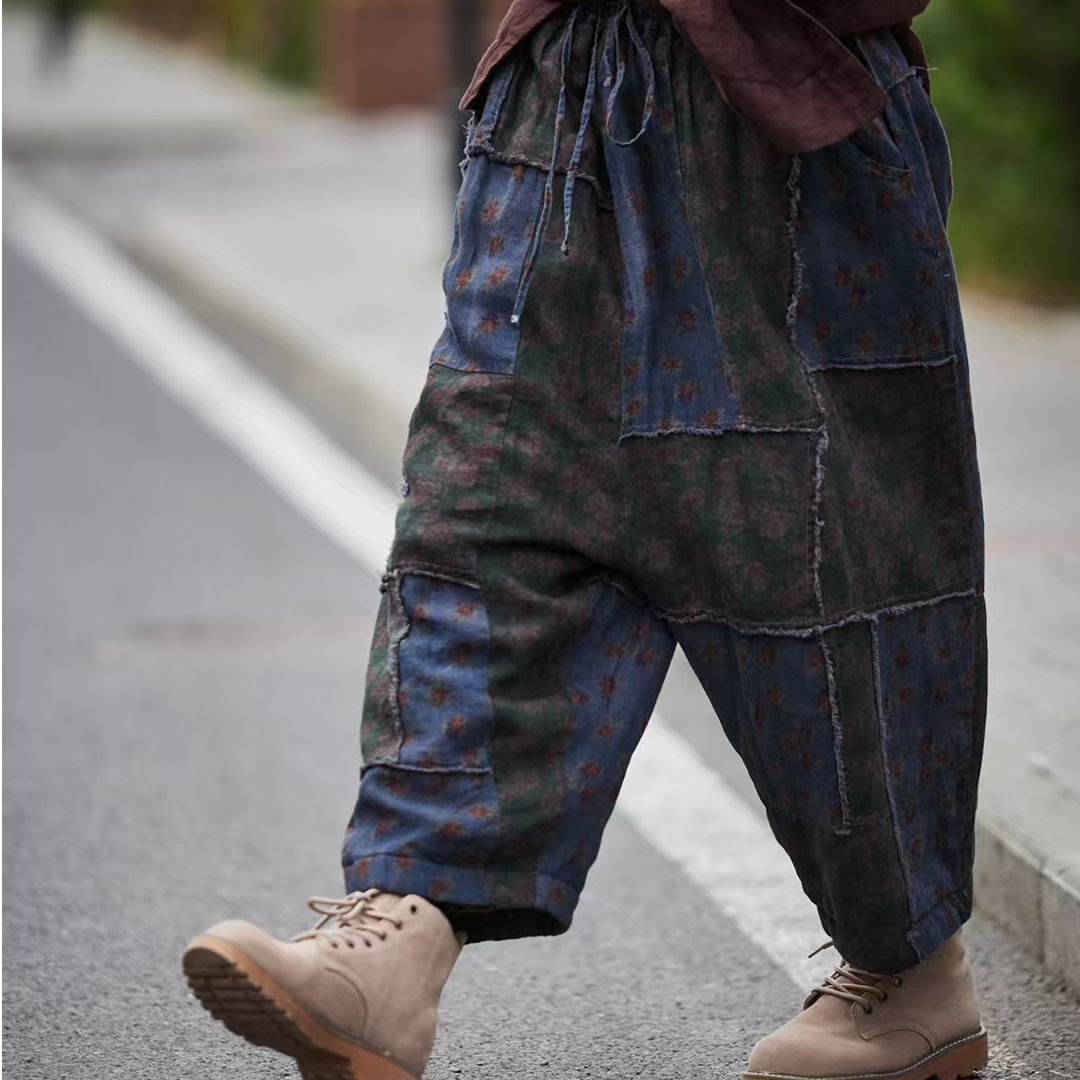 麻依者24冬款保暖双层加厚植物染印花棉裤拼接毛边垮垮裤M-017