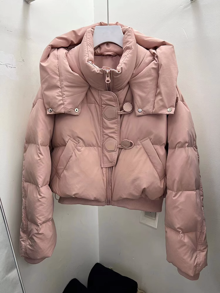 2023新款甜美可爱淑女气质直筒立领连帽短款羽绒羽绒服外套冬装女