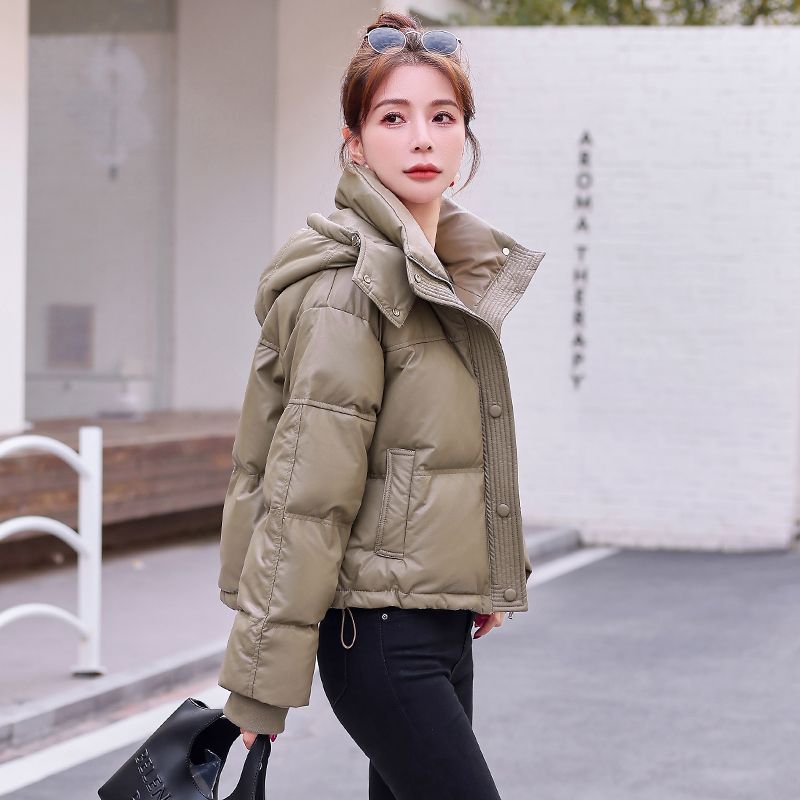 PU皮羽绒羽绒服女2023年冬季新款小个子免洗羽绒加厚保暖外套潮