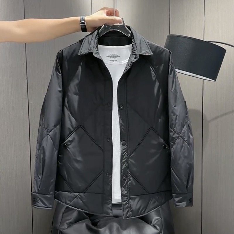 轻薄衬衫羽绒服男2023冬季男士潮流休闲翻领单排扣白鸭绒保暖外套