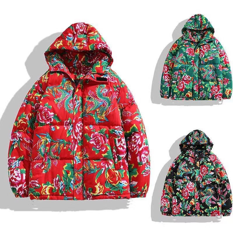 东北大花羽绒服女冬季加厚保暖立领羽绒服中国风大码情侣装羽绒服