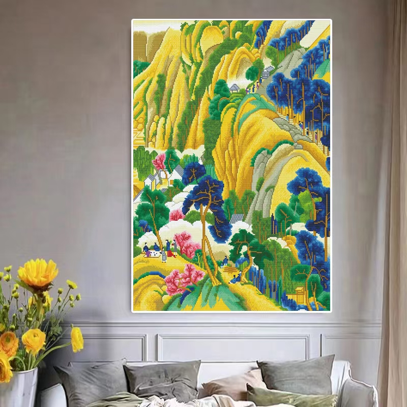 暮云图（非成品）大格四股绣100*75厘米白布印花45色满绣