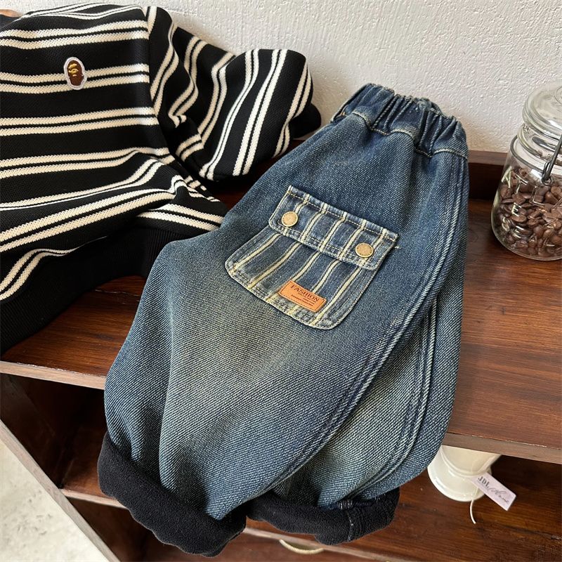 儿童套装2023冬季新品男女童抓痕加绒牛仔裤宝宝加厚卫衣两件套潮