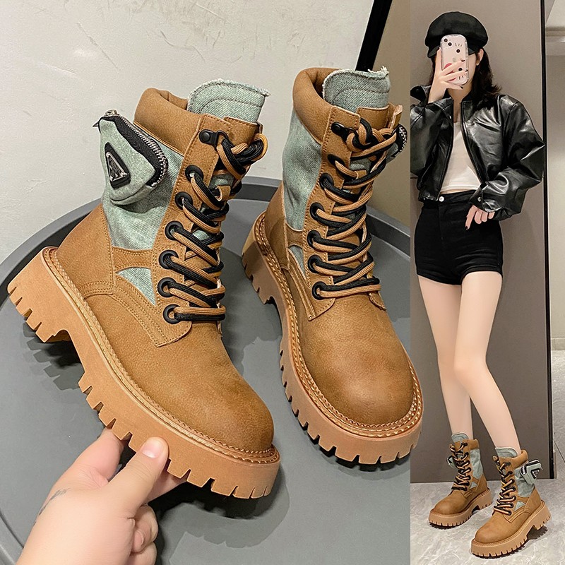 断码意尓康马丁靴女2023秋季新款休闲百搭厚底防水系带拉链口袋