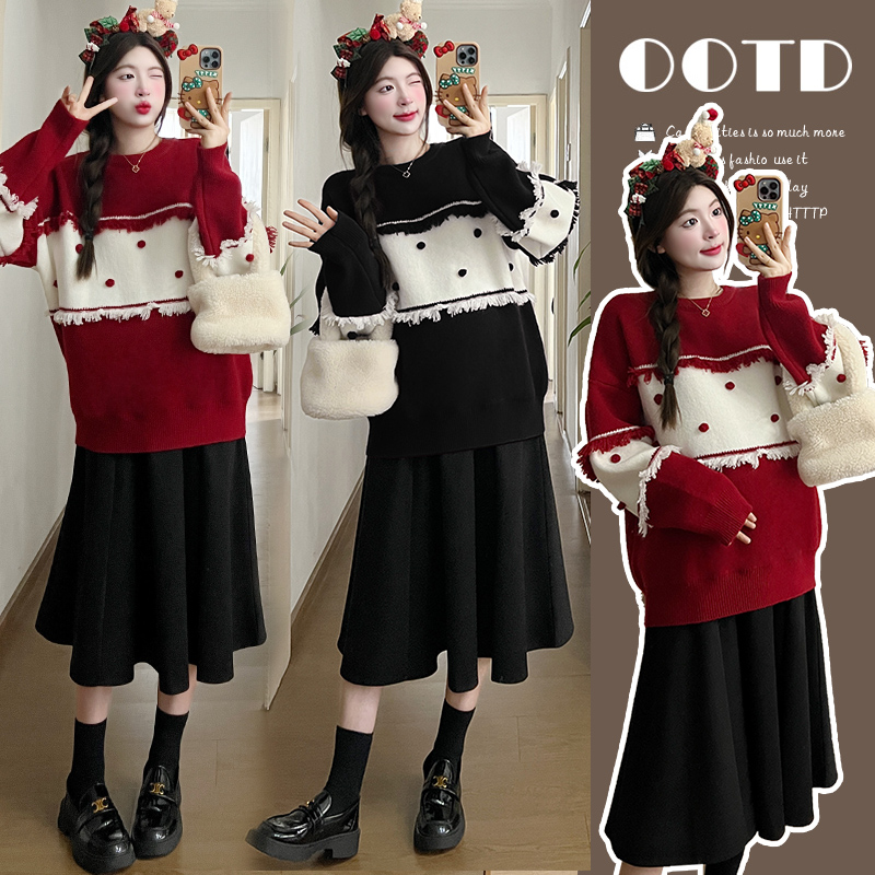 孕妇装秋冬套装加厚上衣圣诞节新年毛衣+托腹半身裙小个子两件套