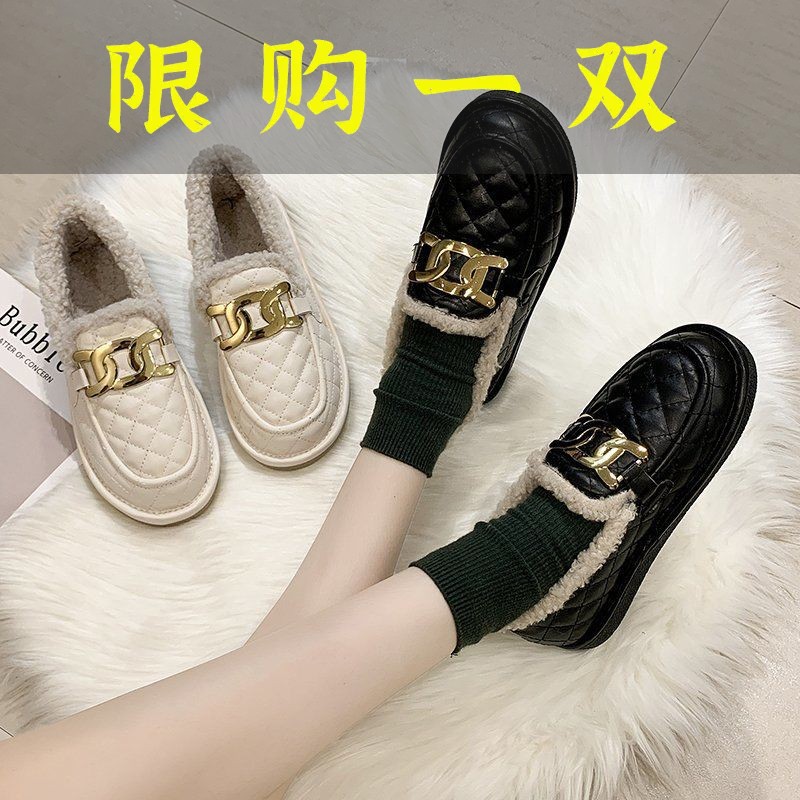 红蜻蜓牌毛毛鞋女2023外穿秋冬新款平底厚雪地加厚保暖休闲豆豆