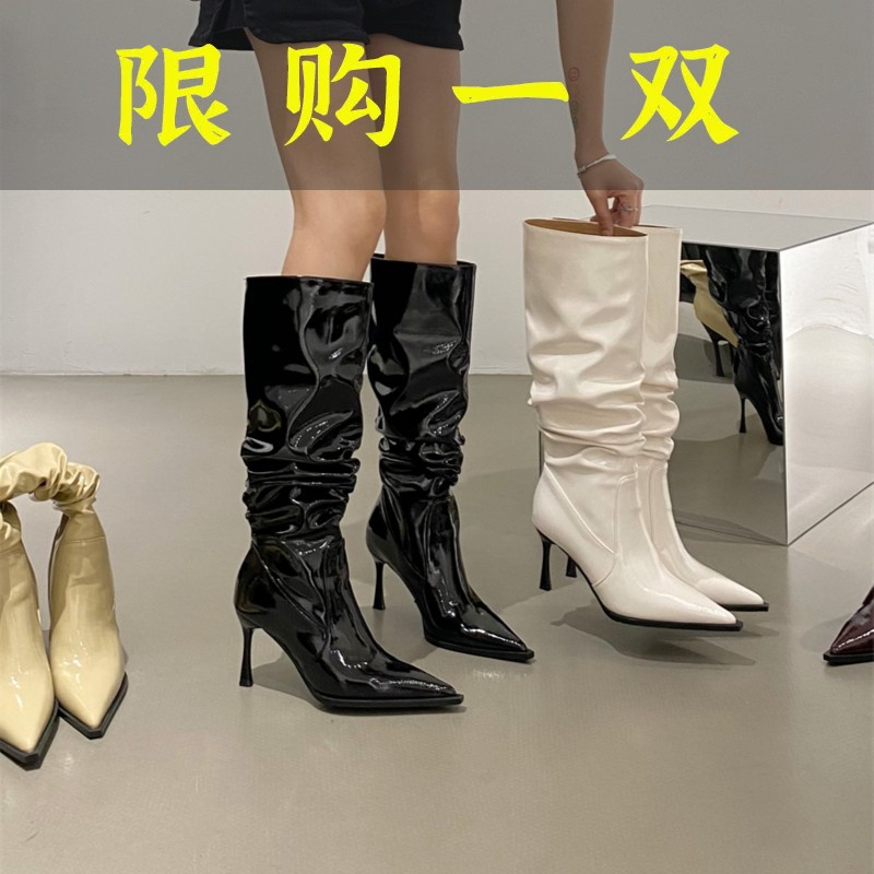 红蜻蜓牌欧美尖头褶皱高筒长靴女2023秋冬款细跟漆皮堆堆靴高跟