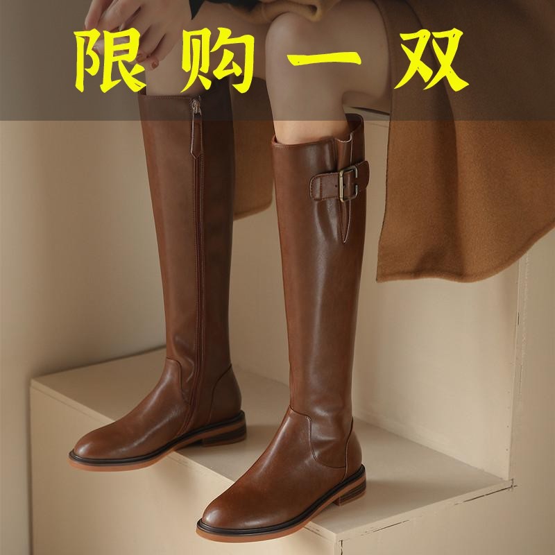 红蜻蜓牌全真皮棕色长筒骑士靴2023秋冬加绒不过膝高筒靴女平底