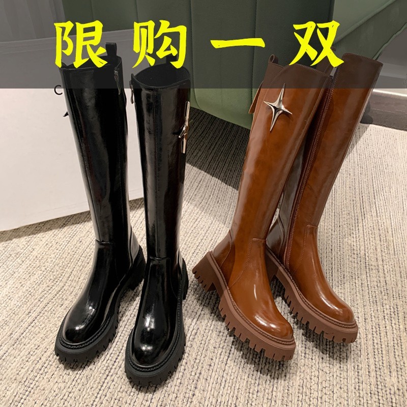 红蜻蜓牌真皮长筒靴女2023秋冬新款厚底小个子高筒靴百搭防水台