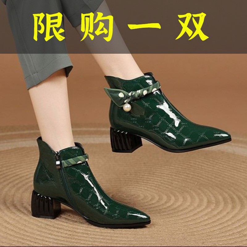 红蜻蜓牌真皮短靴女2023年秋冬新款百搭中跟粗跟尖头侧拉链软漆