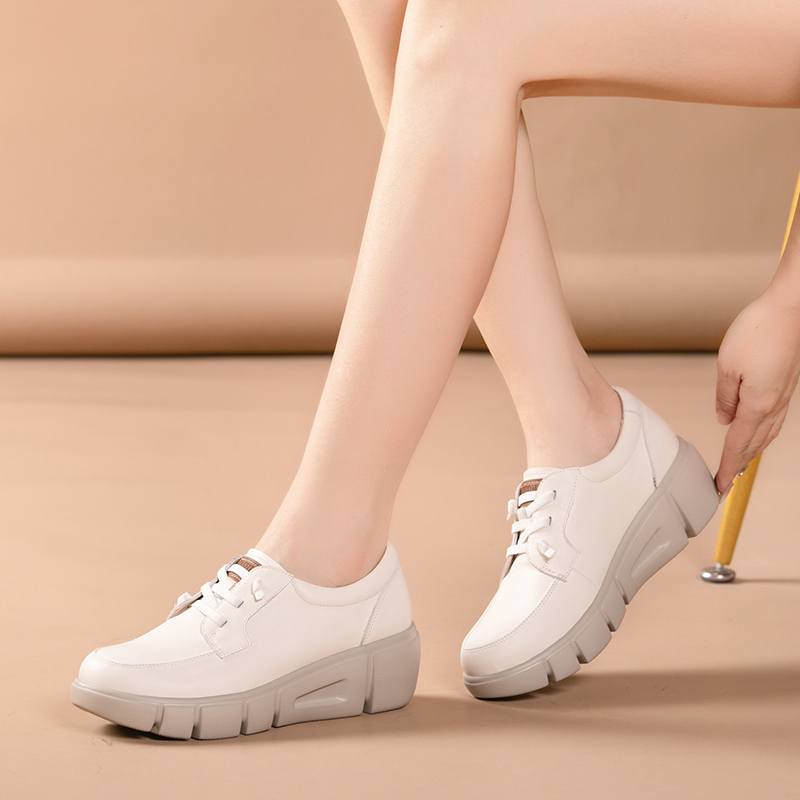 5CM新款真皮小白鞋厚底舒适工作通勤皮鞋轻便百搭不易累脚休闲鞋