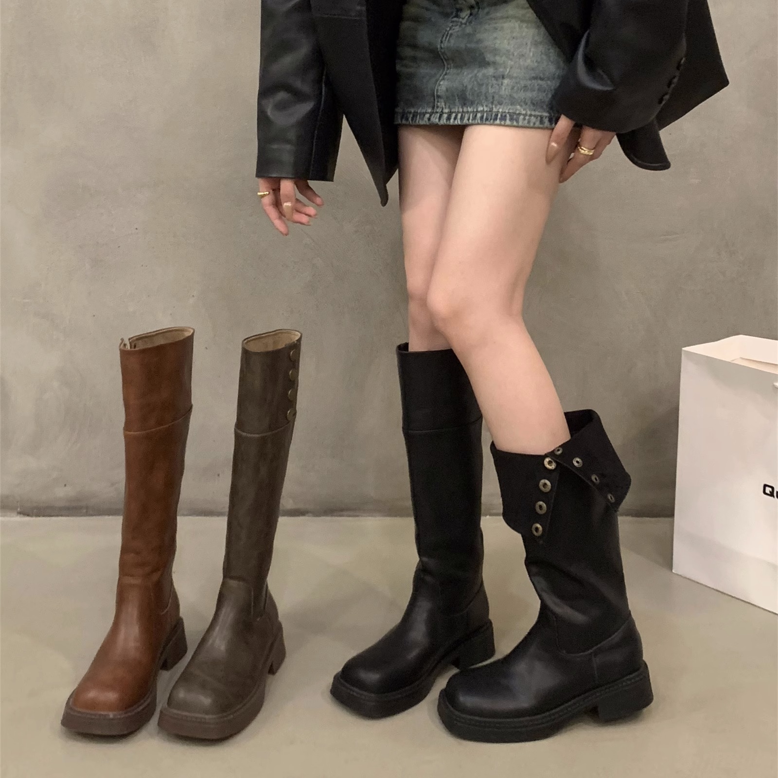 达芙妮正品乔乔原创厚底西部骑士长筒靴女2023年新款秋冬季中筒美