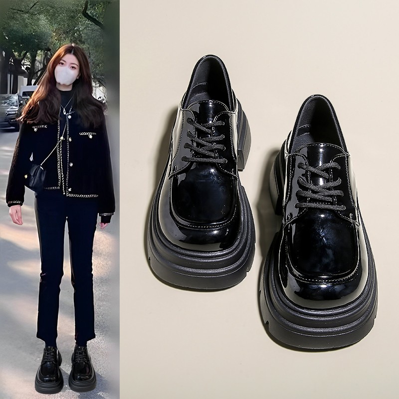 达芙妮正品英伦小皮鞋女2023新款秋季黑色厚底乐福鞋系带两穿学院
