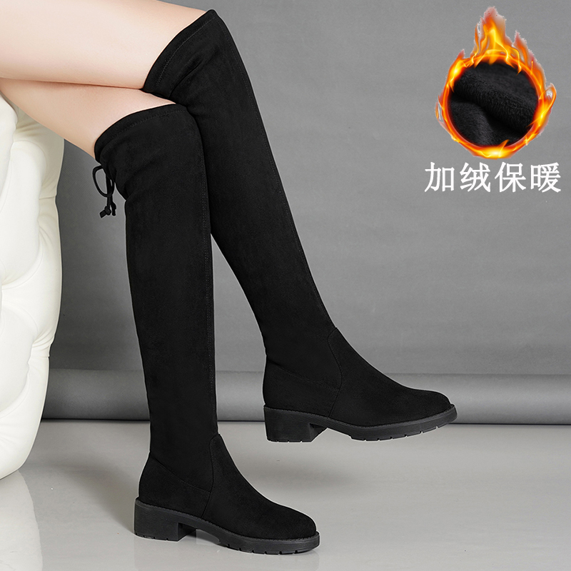 达芙妮正品真皮意尓康长靴女中跟弹力靴胖瘦可穿高筒靴女过膝厚底