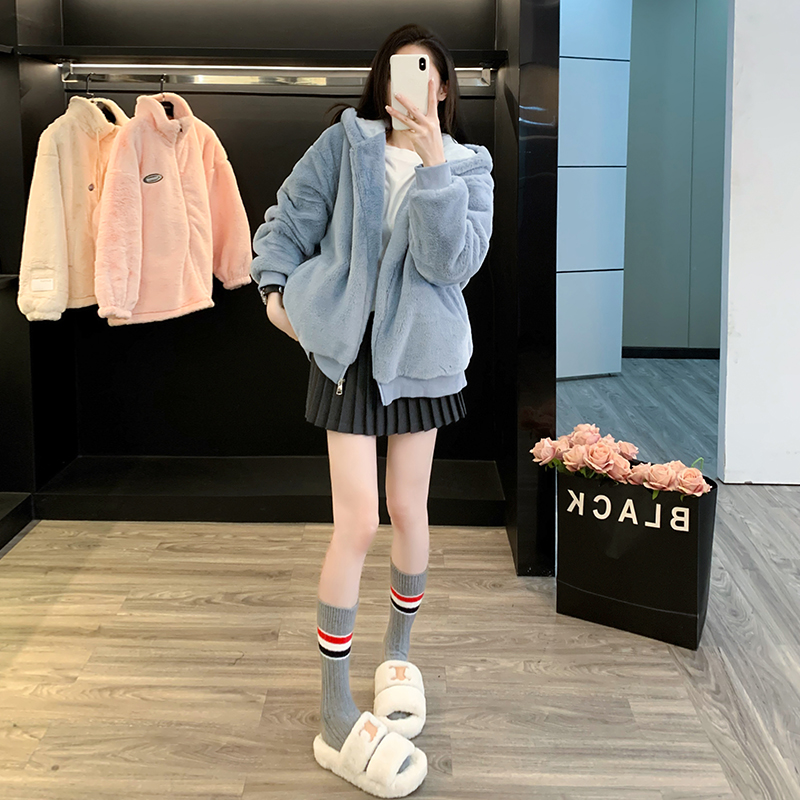 羊羔毛拉链连帽外套女秋冬季2023新款加绒加厚毛茸茸宽松开衫卫衣