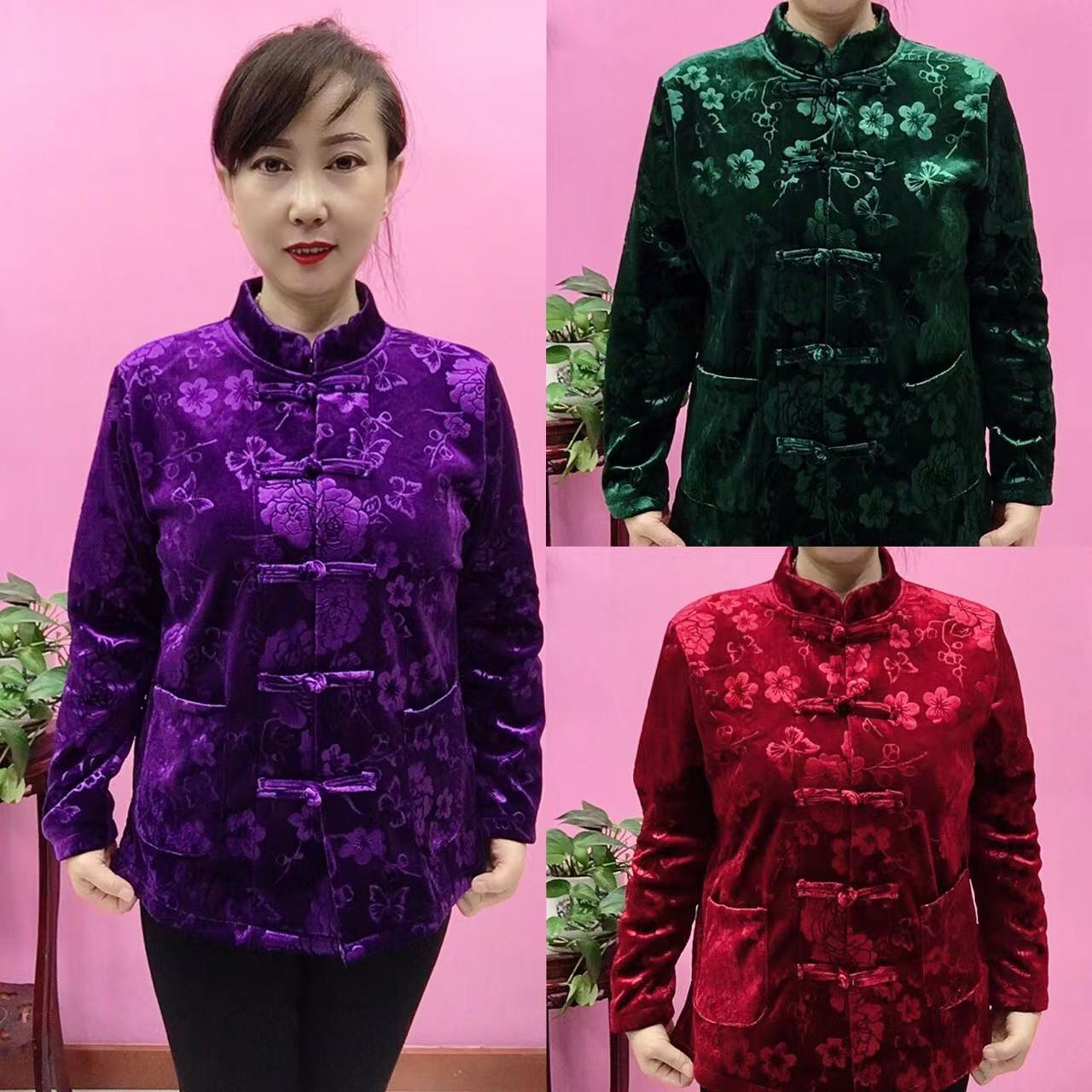 新款中老年妈妈装丝绒印花立领盘扣衫