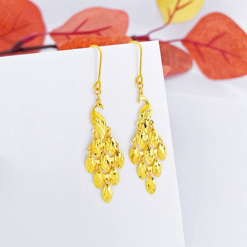 999足金耳饰孔雀耳环黄金耳坠金孔雀耳线纯金金耳饰真金耳弯钩