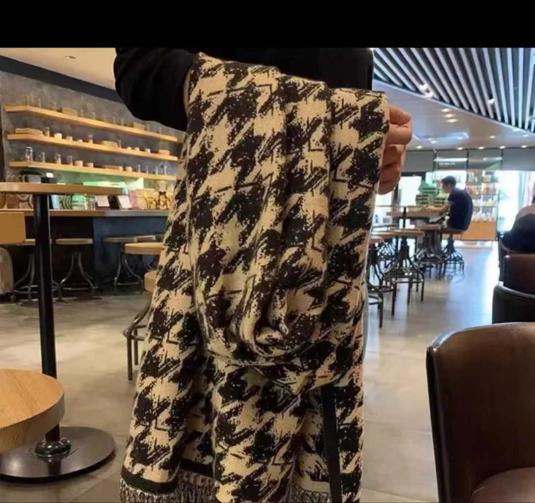 内蒙古厂家直邮千鸟格双面羊绒围巾披肩两用70x2米亲肤柔软百搭