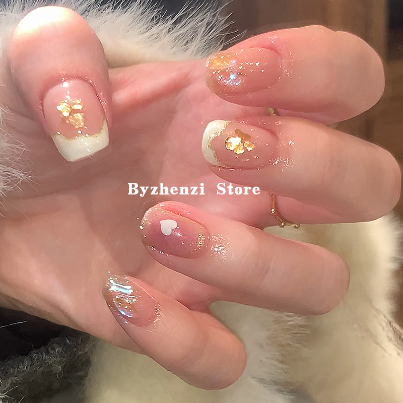 BYZHENZI STORE【糖霜桃桃】显白仙女法式持久穿戴甲美甲贴